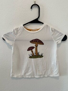 Copper Key White Tee with Burgundy & Mustard Mushroom Print